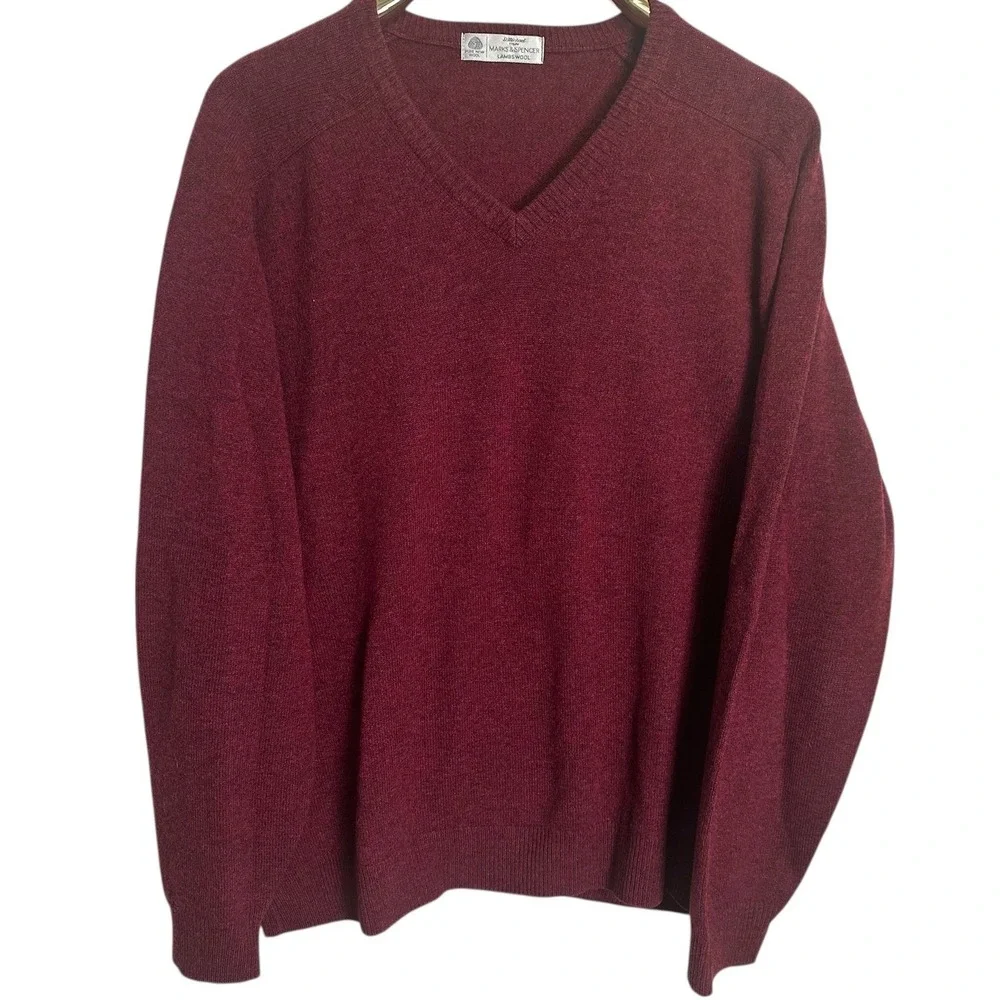 Marks & Spencer St Michael Sweater Mens XL Bordeaux Red Lambswool V-Neck UK Made
